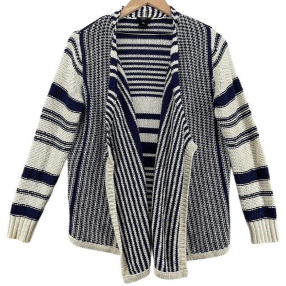 Ann Taylor Womens Blue White Stripe Chunky Knit Open Front Cardigan Sweater Sz M